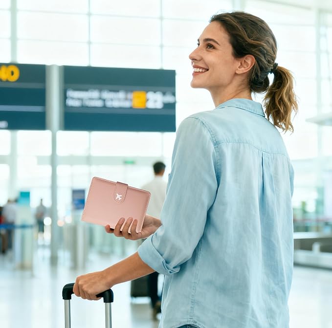 Passport Holder, Travel Wallet Cover with Pen Loop | Cute RFID Blocking Leather Case with Magnetic Closure for Travel Essentials-Pink