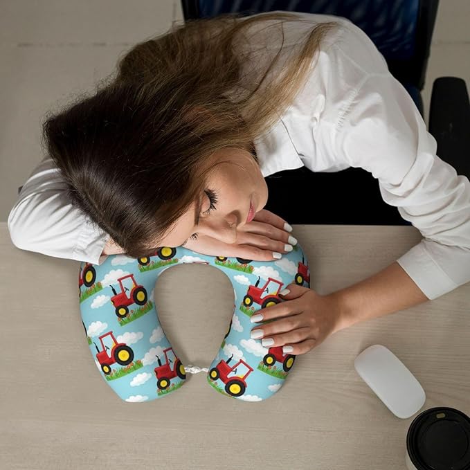 Travel Pillow Chin Neck Support, Comfortable Airplane Car Pillows for Rest, Memory Foam U Shaped Office Home Nap Sleeping Cushion Toy Tractor Pattern