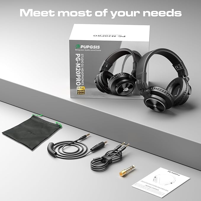 PG-M20PRO DJ Headphones, Over-Ear Studio Monitoring Headphones with 3.5mm Audio Jack, Black