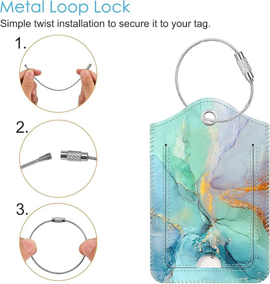 Fintie Luggage Tags, Privacy Cover ID Label with Stainless Steel Loop and Address Card for Travel Bag Suitcase, Emerald Marble (2 Piece)
