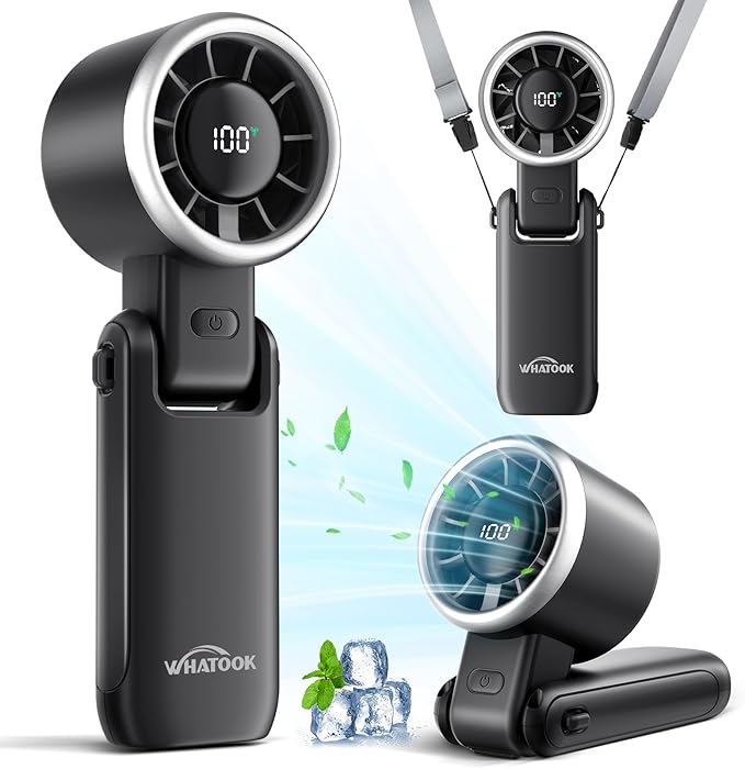 WHATOOK Portable Fan Rechargeable Mini Fan: Hand Fan with Air Turbo Tech, 4000mAh and 5 Speeds Led Display, 3 IN 1 Foldable Small Personal Fans for Travel, Outdoor, Working, Shopping (Black)