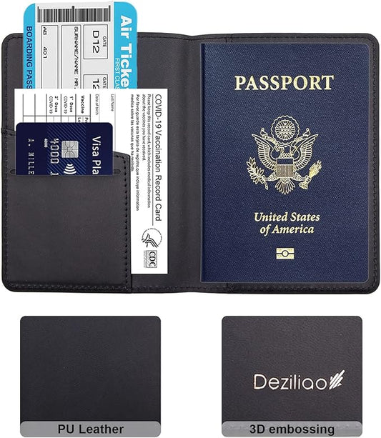 Deziliao Passport Holder,Passport Holder Card Slots, Passport and Vaccine Card Holder Combo, Cute Passport cover for Women and Men, with Waterproof Rfid Blocking, Passport Travel Wallet(Black)