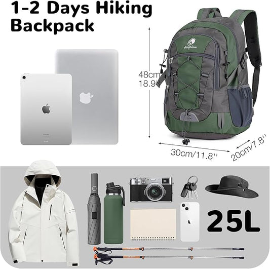 25L Small Hiking Backpack Daypack for Men Women, Waterproof Outdoor Backpack with Chest Strap for Camping, Green