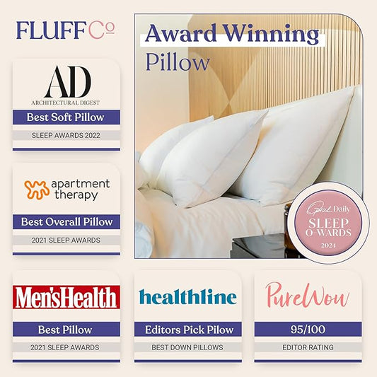 FluffCo Zen Fluff Pillows - Down Alternative - Standard/Queen Bed Pillow for Sleeping Made in USA - Luxury Hotel-Quality Pillow - Gift for Home - 100% Cotton, 300 Thread Count (Soft Queen Size 1 Pack)