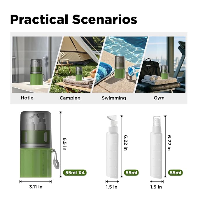 YOTIME 4in1 Travel Bottles with Suction Cup, TSA Approved Leak Proof Travel Size Containers for Toiletries, Refillable Travel Accessories for Shampoo, Body Wash and Conditioner, Green