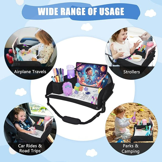 Upgraded Kids Travel Tray for Airplane - Toddler Car Seat Table Tray, Road Trip Essentials for Boys & Girls, Carseat Lap Desk for Kids Road Trip Activities, Black - 2 PCS