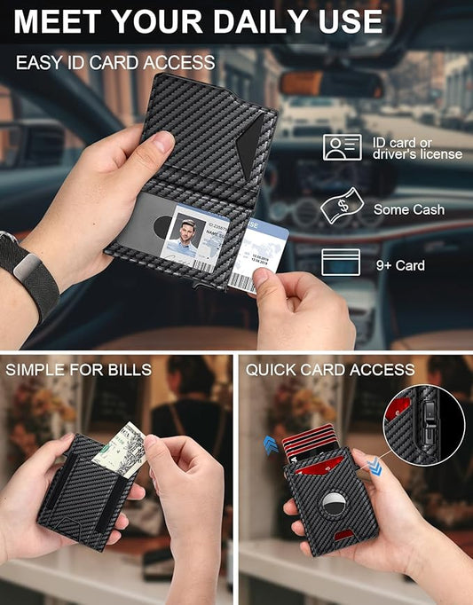 Airtag Wallet for Men, Minimalist Slim Mens Wallet Smart Pop Up Credit Card Holder for 9-13 Cards, RFID Blocking Wallet with ID Window & Cash Slot, Compact Bifold Metal Aluminum Card Case