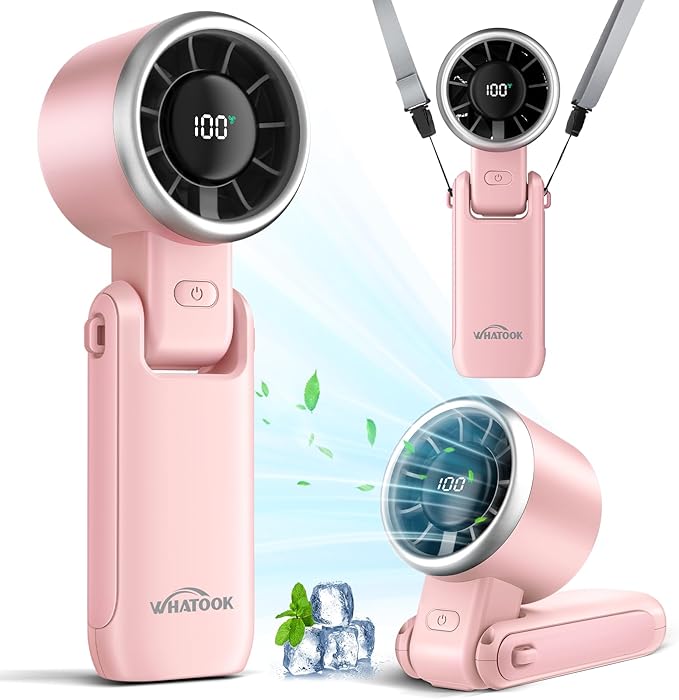WHATOOK Portable Handheld Fan: Personal Fans with Air Turbo Tech, 5 Speeds Led Display, USB Rechargeable Battery Powered, 12 Hours Max, Mini Fan for Makeup, Concerts, Beaches, Travel (Pink)