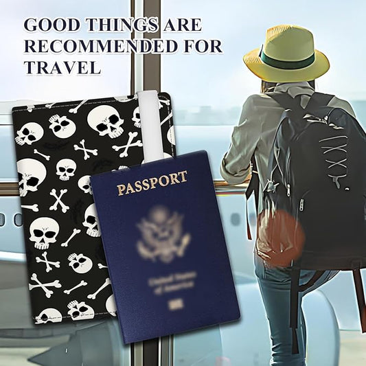 Passport Holder for Travel Essentials, RFID Premium Leather Passport Wallet Cover Case for Travel Must Haves Accessories, Passport Book Holders for Women Men Black White Skulls