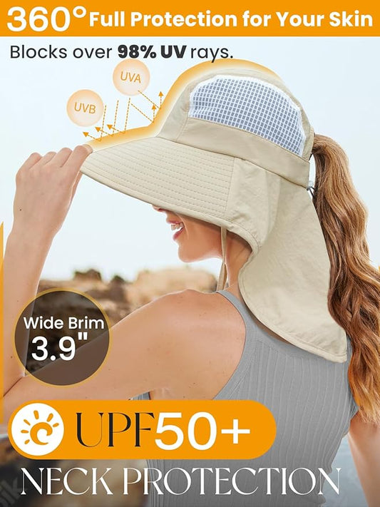 Sun Hats for Women UV Protection with Neck Flap Wide Brim Beach Hats with Ponytail Hole for Hiking Fishing Gardening Travel