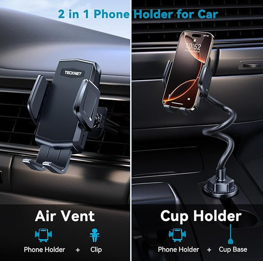 TECKNET Cup Phone Holder for Car - Adjustable Gooseneck Cup Holder Cradle Car Mount with Air Vent Holders & Expandable Base, Cell Phone Holders for iPhone 17/16 Pro Max and All Cell Phones, Cars model