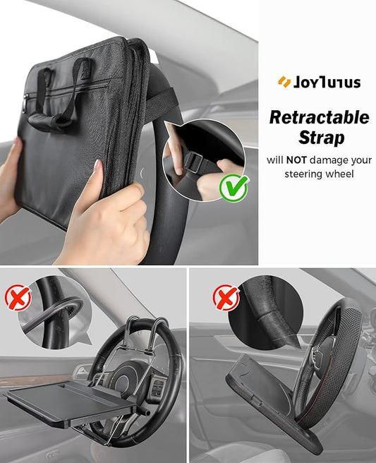 JOYTUTUS 3 in 1 Steering Wheel Eating Tray Upgraded(16.1 * 10 inch), Car Back Seat Laptop Desk, Multifunctional Car Office Bag, Car Work Table for Writing, Car Organizer for Kids, Commuters, Family