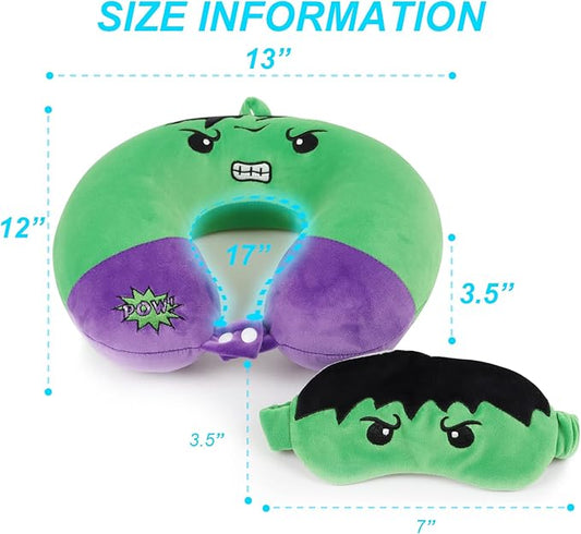 Superhero Travel Pillow for Kids & Adults with Sleep Eye Mask, Memory Foam U-Shaped Neck Pillow with Washable Cover, Soft Head Support Travel Accessories for Airplane Car Train Bus Recline, Green