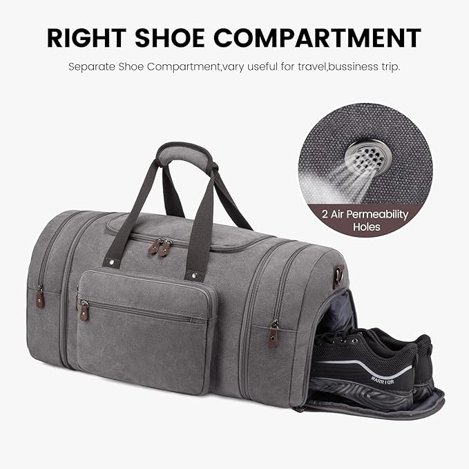 Sucipi Canvas Travel Duffel Bag for Men, Weekend Overnight Bag with Shoe Compartment and Toiletry Bag, Carry-On for Airplanes, Graphite Grey