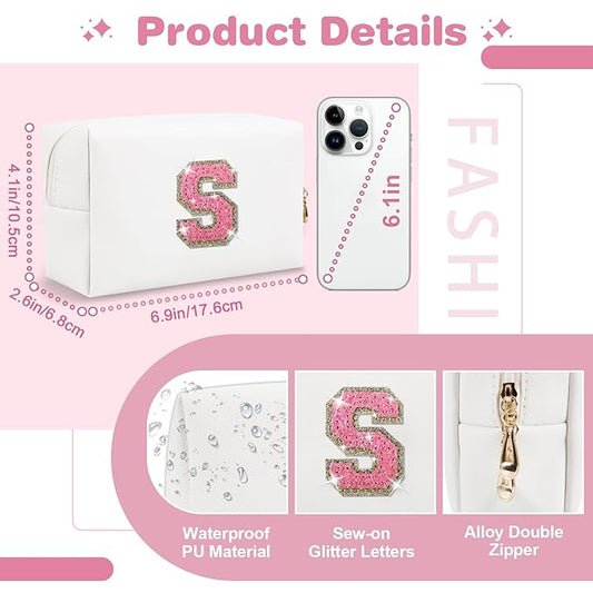 Small Initial Patch Makeup Bag Personalized Gifts Make Up Bag,White Cute PU Leather Glitter Letter Cosmetic Bag with Zipper,Trendy Portable Travel Toiletry Pouch,Preppy Stuff for Teen Girls Women S