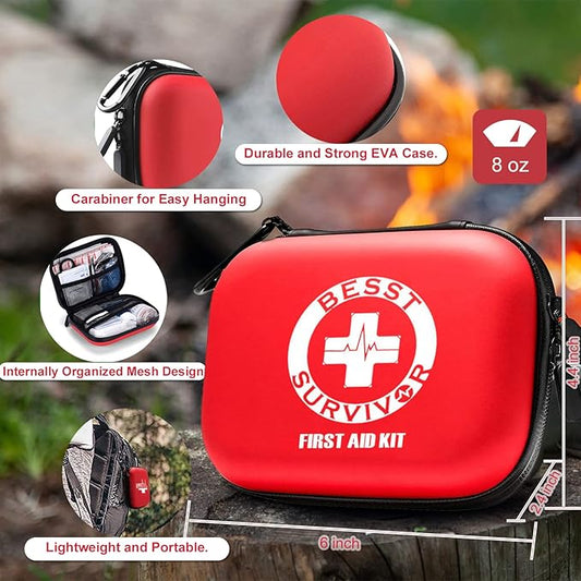 Mini First Aid Kit -Small Waterproof Hard Shell Medical Kit with Compartments for Camping, Hiking, Car, Home, Office, School - Vehicle & Outdoor Emergency Medical Kit (Red)