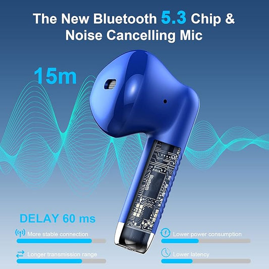 Wireless Earbuds, Bluetooth 5.4 Earbuds Stereo Bass, Bluetooth Headphones in Ear Noise Cancelling Mic, Earphones IP7 Waterproof Sports, 32H Playtime USB C Charging Case Blue Ear Buds for Android iOS