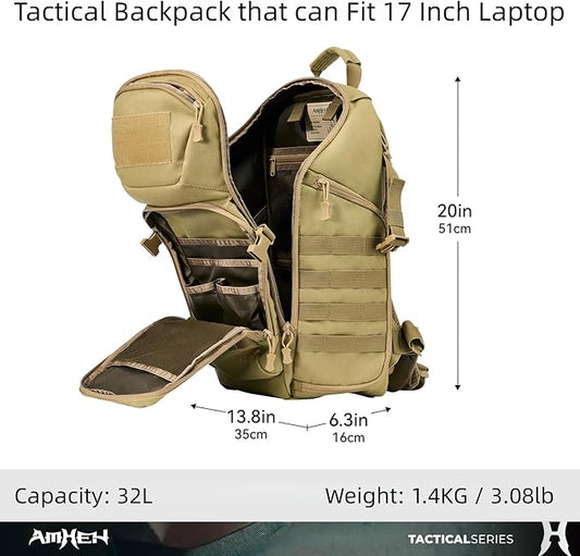 32L Military Tactical Backpack - Rugged Molle Assault Pack Fits 17 Inch Laptop for Survival Hiking Outdoor Travel Work (Tan)