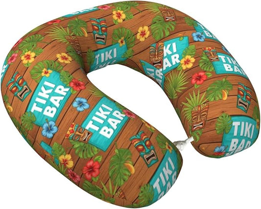 Memory Foam Airplane Pillow Summer Tiki Bar for Car Chin Head Neck Supporting, U Shape Pillows Travel Cushion for Office, Nap Sleeping
