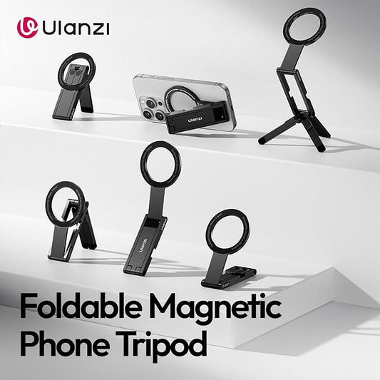 ULANZI MA60 Magnetic Phone Tripod Stand for iPhone - Aluminium Smartphone Mini Tripod Pocket Cell Phone Stand Strong Magnet Quick Mount Compatible with iPhone 16 15 14 13 12 Series, Black