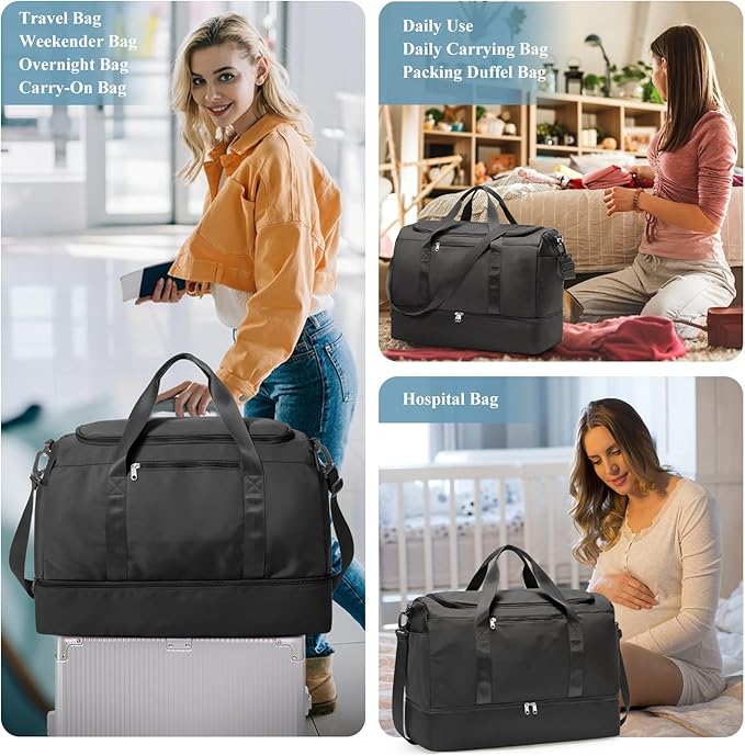 Large Travel Duffle Bag,Carry on Overnight Weekend Bag with Shoes Compartment,Weekender Bags for Women for Travel Business Trips Sport Hospital,2Pcs,Black