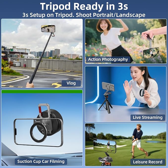 Magnetic Phone Mount for MagSafe, Maglock Tripod Adapter Magnet Golf Gym Workout Stand Metal Carabiner Dual Holder with 1/4 Screw Hole, for iPhone 16 15 14 13 12 Series Foldable Portable Accessories