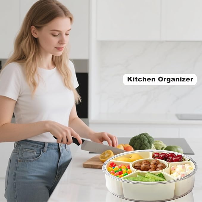 Rotating Divided Serving Tray with Lid and Handle,Snackle Box Container 6-Compartment,Round Snack Box Charcuterie Containers Snack Spinner,Snack Organizer Fruit Platter Veggie Tray for Christmas Party