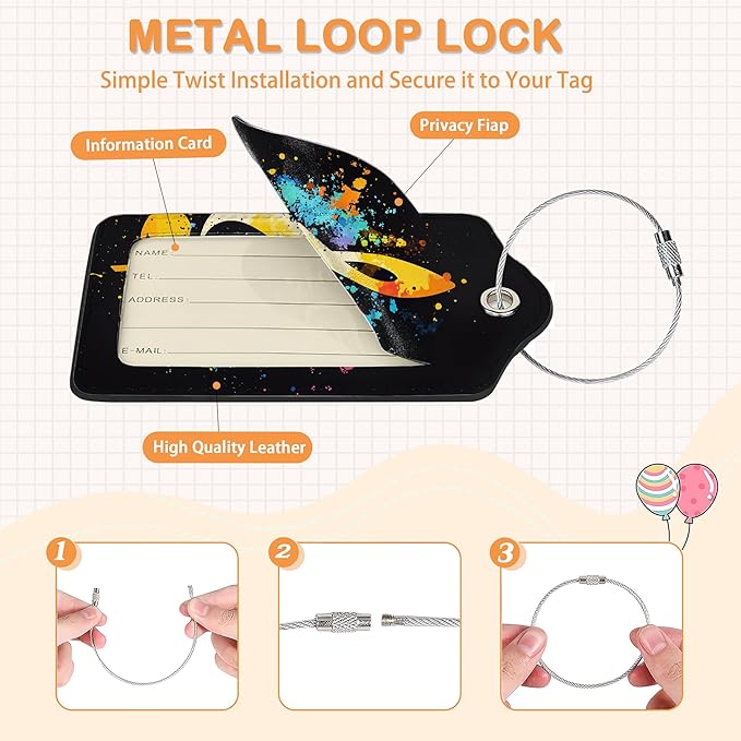 Retro Neon Treble Clef Pop Art PU Leather Luggage Tags for Suitcase, Travel Cruise 3 Pack with Privacy Flap, Name ID Label and Metal Loop for Women Men Girls Baggage Bag Backpack