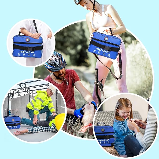 Professional 435 Pieces Large First Aid Kit - Includes Compressed Gauze - Compartments Emergency Medical Kit for Home, Camping, Backpacking, Travel, Boat, Car,Outdoors (Blue)