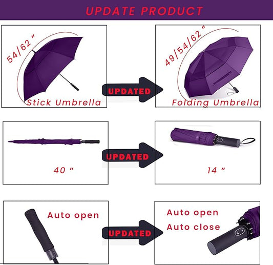 MRTLLOA 49/54/62 Inch Large Folding Golf Umbrella, Oversize Double Canopy Vented 10 Ribs Windproof Compact Travel Umbrellas for Rain