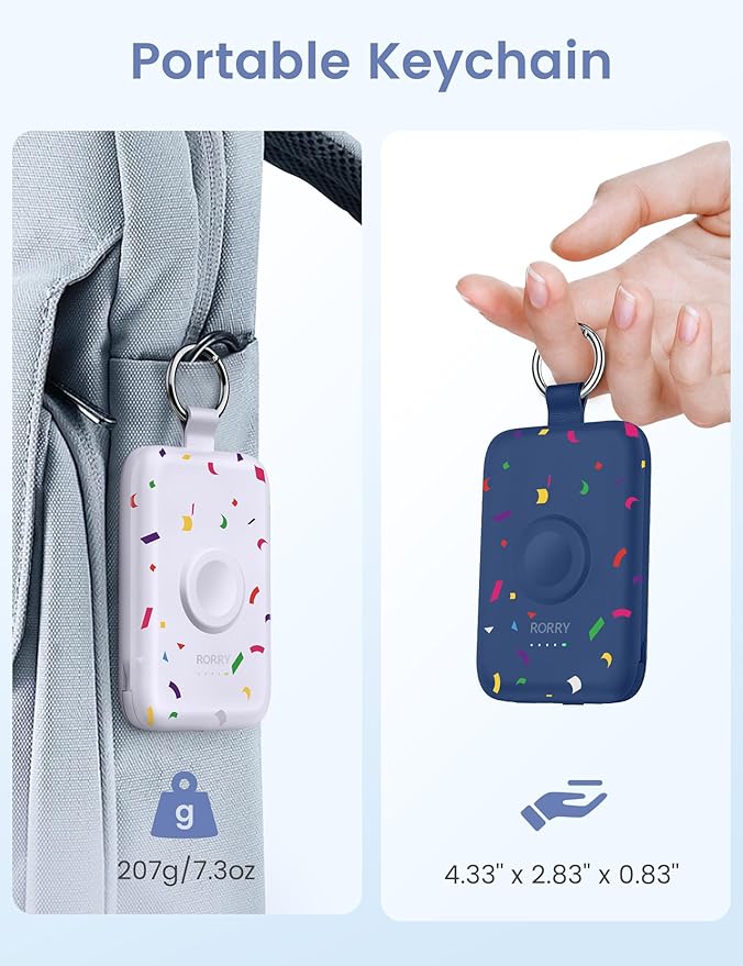 RORRY Portable Charger, 10000mAh PD 20W Fast Charging Portable Charger Power Bank with Built in Cables, Travel Battery Pack for iPhone 17/16/15/14/13/12 and Apple Watch, Confetti-Deepblue