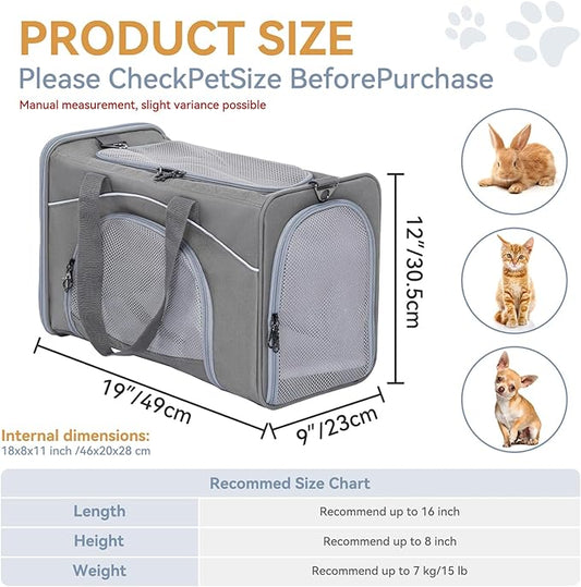 âPetsfit Airline Approved Pet Carrier for Small Dogs & Cats, 19x9x12 TSA Approved Carrier, with Removable Dual-Sided Padding (2-Way Placement) - Fits Under Most Airplane Seats, Escape Proof (Grey)