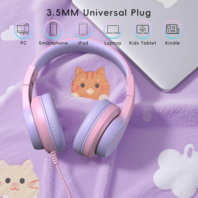 Kids Wired Headphones for Kids with Microphone, 85/94dB Volume Limiter Headphones for Girls Boys, Light Purple