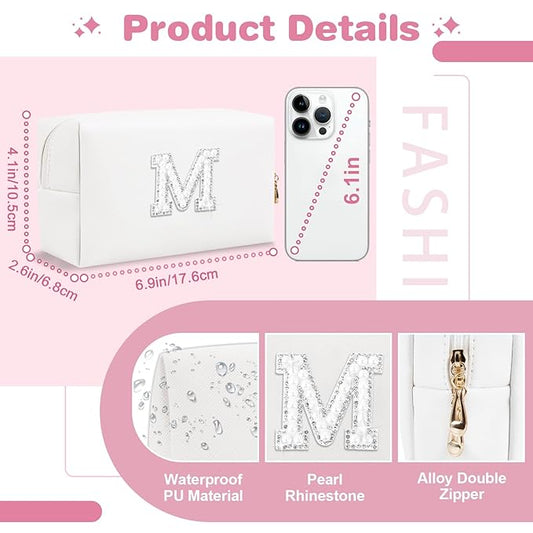 Bride Gifts โ Personalized Initial Makeup Bag with Pearl Rhinestone Patch, Preppy White Monogram Cosmetic/Toiletry Pouch, bridesmaid Gifts, Bridal Shower Gifts, Wedding Gifts, Bridal Gifts,M