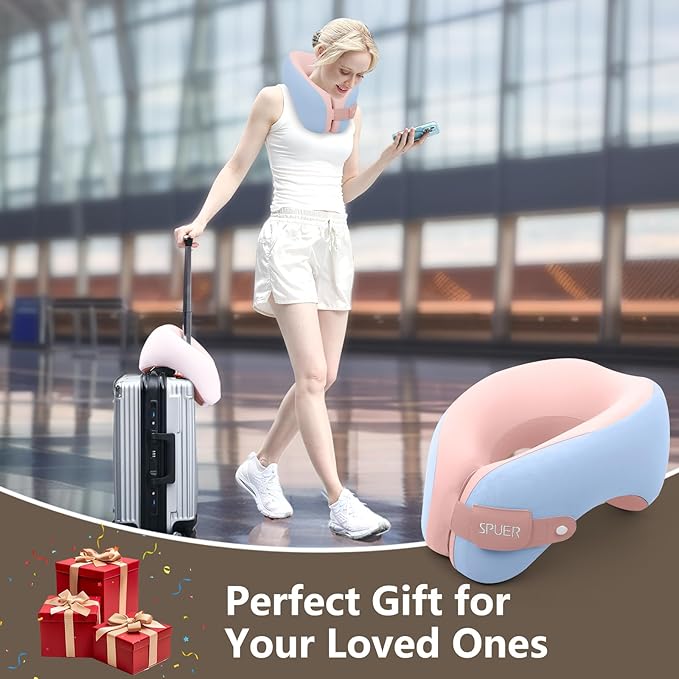 2in1 Ergonomic Memory Foam Travel Neck Pillow – Upgrade Travel Pillow for All Sleep Positions on Flights, Road Trips, and Long Distance Travel with Drawstring Bag (Adjustable - Blue and Pink)