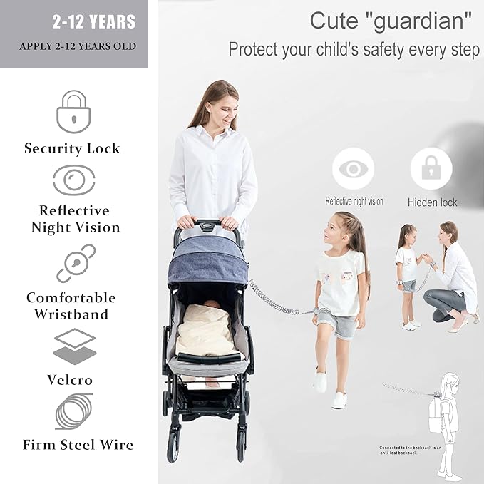 Toddler Harness Walking Leash- Child Anti Lost Wrist Link - Child Safety Harness - Upgrade with Reflective(6.5ft) - for Boys and Girls,Not Easy to Open Without Key (Cool Black)