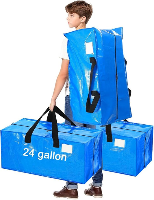 4 Pcs 24 Gallon Large Moving Bags with Zipper and Handles Foldable Storage Duffle Bags Heavy Duty Extra Large Totes for College Dorm Travel Clothes Blankets Bedding Moving (Blue)