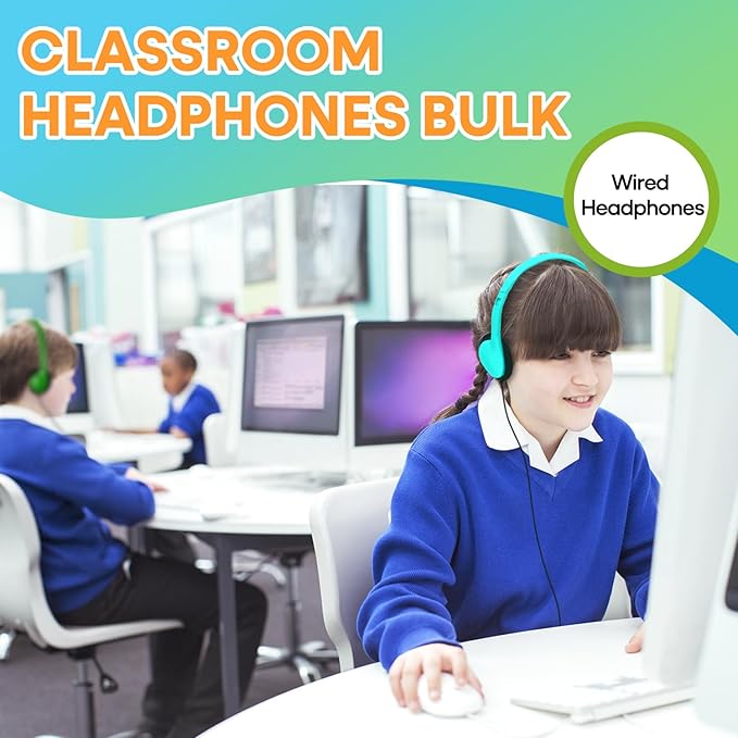 Kids Headphones Bulk 12 Pack for Classroom School Students, Wholesale Multi Color Wired Class Set Headphones for Children Toddler Boys Girls Teen and Adult (HY857,12 Mixed)