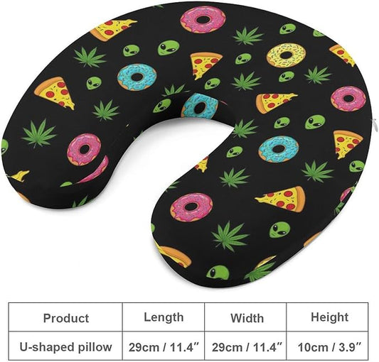 Travel Neck Pillow Memory Foam U Shaped Cushion Alien Donut Pot Leaf Weedleaf Pizza Black, Washable Cover for Airplane Car Office Home Sleeping Pain Relief