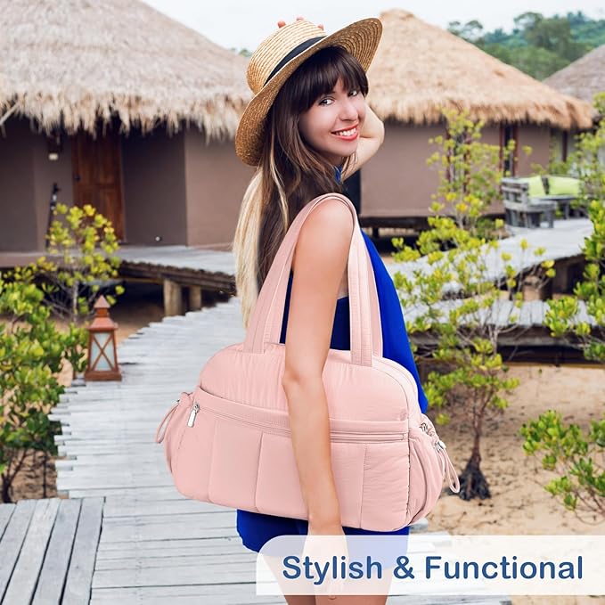 TOPDesign Travel Duffel Bag for Women, Puffer Gym Bag Sports Tote with Wet Pocket, Carry On Weekender with Luggage Sleeve (Pink)