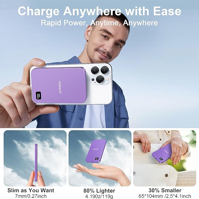 Magnetic Portable Charger 5000mAh, 15W Ultra Slim Wireless Portable Charger, Fast Charging for iPhone 17/16/15/14/13/12 Pro/Pro Max/Plus, Metal Shell, USB-C Cable to Charge Other Phones (Purple)