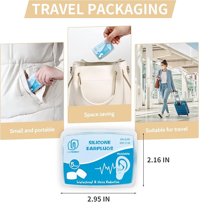 LYSIAN Silicone Moldable Earplugs Waterproof-27dB SNR Ear Plugs for Sleeping Noise Cancelling, Shower, Work and Study-Skin Color 5 Pairs