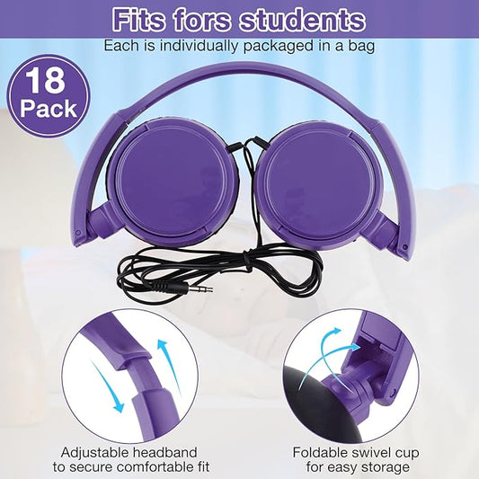 Yunsailing 18 Pack Classroom Headphones Bulk Student Wired Class Headphones Set for School with Individually Wrapped Adjustable Over Ear Head Earbuds (Purple)