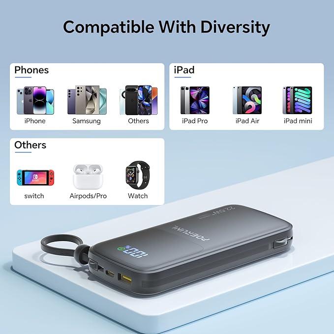 10000mAh Power Bank with a Built-in AC Wall Plug Led Display and Two Built-in Cables.USB-C Fast Charging Compatible with iPhone,Samsung,and Android Smartphones, Portable Charger with Travel.