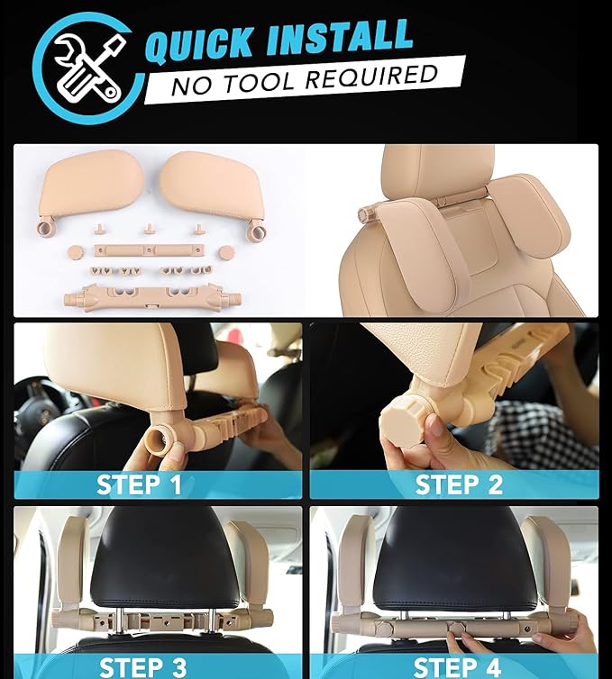 JZCreater Car Headrest Pillow, 180°Adjustable Head Neck Support Pillow, U- Shaped, Travel Sleeping Car Headrests, Only for Car Seat Headrest with 2 Metal Poles, Not for Fixed or Integrated headrests