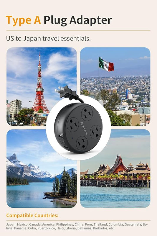 Japan Travel Adapter with USB C, US to Japan Plug Adapter with 4 Outlets 3 USB Ports, Type A Outlet Adapter for US to China Mexico Philippines Canada Peru Thailand Vietnam (Black)