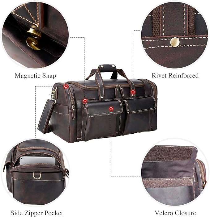 Polare 23" Duffel Thick Full Grain Cowhide Leather Gym Weekender Overnight Luggage Bag For Men 42L