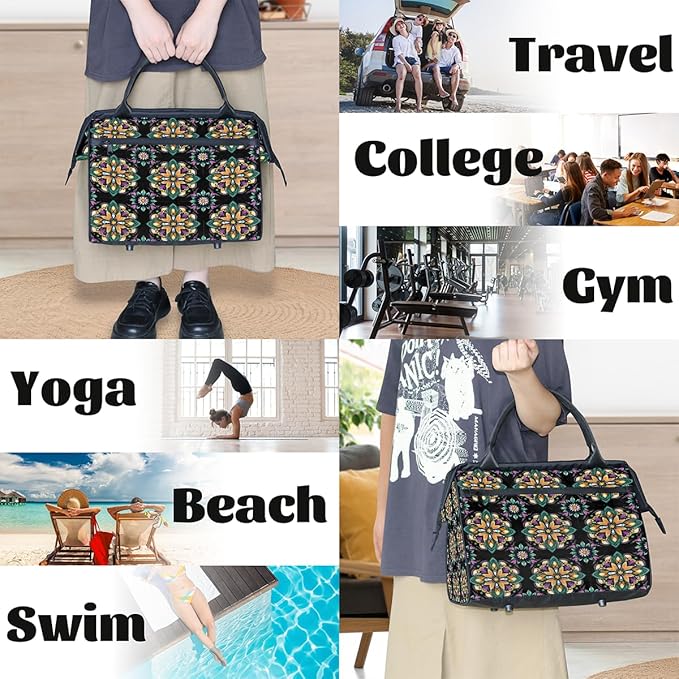 Large Travel Duffle Bag for Women Men,Waterproof Weekender Overnight Bag Carry on Tote Bags for Gym Sport Business Trip,Mexican Floral Tile Duffel Bags
