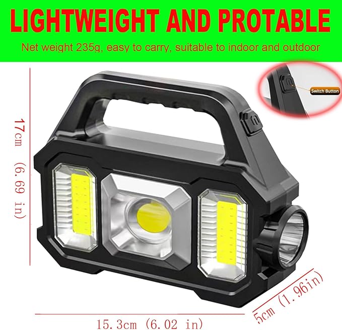 Rechargeable Solar LED Searchlight Lantern, Super Bright 6000LM Handheld Spotlight, Multifunctional LED Camping Lamp Flashlight, 6 Light Modes, Waterproof IPX4, for Emergency, Home