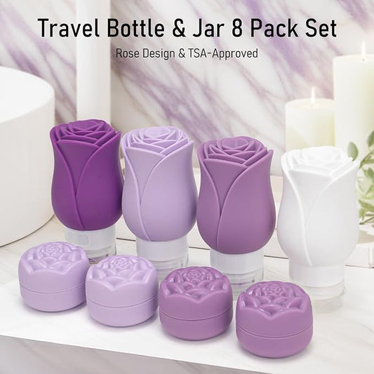 3 OZ Travel Bottles Leakproof for Travel TSA Approved & Refillable Mini Cream Containers Set 8 Pack โ Silicone Squeeze Tube Rose Bottle for Shampoo Lotion Body Wash BPA Free with Bag, Purple